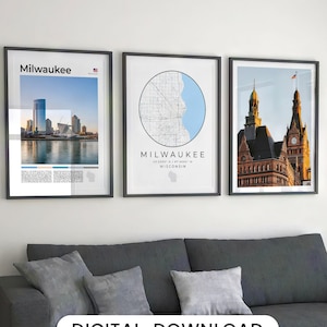 Juego de 3 impresiones digitales de Milwaukee, arte mural con mapa de Milwaukee, póster de Milwaukee, decoración fotográfica de Milwaukee, horizonte de la ciudad de Milwaukee, arte de Wisconsin (EE. UU.)