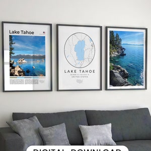 Digitale Lake Tahoe print set van 3, Lake Tahoe kaart kunst, Lake Tahoe poster, Lake Tahoe muur kunst decor, Californië, Nevada, Usa fotogalerij