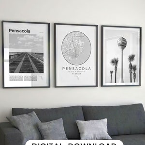 Digitale Pensacola Florida print set van 3 zwart-wit, Pensacola kaart decor, Pensacola FL muur kunst, Pensacola reisposter, Florida geschenken
