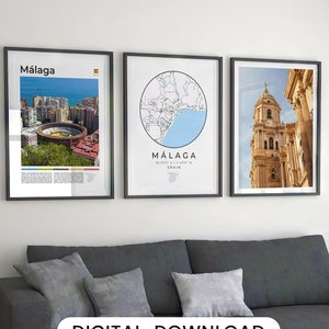 Lot de 3 impressions numériques de Malaga, affiche de voyage de Malaga, carte de Malaga, art de Malaga en Espagne, impression d'Espagne, affiche de Malaga, art d'Andalousie España