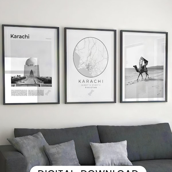 Digital Karachi Black and White Print Set Of 3, Karachi Map Art, Karachi Wall Art Poster, Karachi Art Print Decor Photo, Pakistan Travel Art
