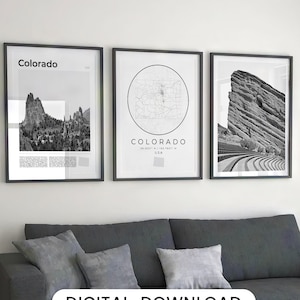 Digital Colorado Schwarz Weiß Druck 3er Set, Colorado Karte Kunst, Colorado Wand Kunst Poster, Colorado Dekor, Colorado Kunst, USA Reisefoto