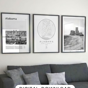 Digital Alabama Schwarzweißdruck 3er-Set, Alabama Karte Kunst, Alabama Kunstfoto, Alabama Dekor Wandkunst, Alabama Poster Reise, US Geschenke