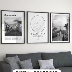 Juego de 3 pósteres digitales en blanco y negro de Guatemala, mapa de Guatemala, galería de fotos impresas de la Ciudad de Guatemala, decoración de pared de Antigua, América Central
