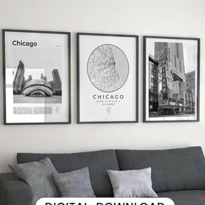 Ensemble de 3 impression numérique Chicago noir et blanc, art de la carte de Chicago, impression d'affiche de Chicago, art mural de Chicago, art déco de Chicago, Photos de Chicago