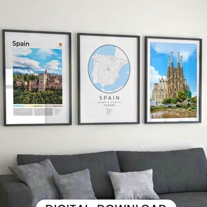 Conjunto de impresión digital de España de 3, mapa de España, cartel de España, impresión de arte de España, arte de la pared de España, foto de regalo de España, cartel de viaje de España España Español