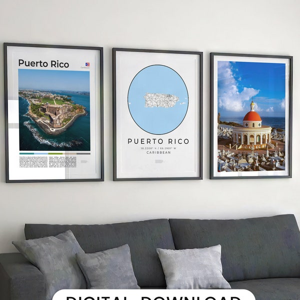 Digital Puerto Rico Print Set Of 3, Puerto Rico Map, Puerto Rico Poster, Puerto Rico Wall Art Decor, San Juan Islands, Caribbean Photography