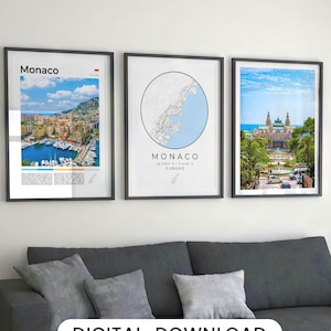 Juego de 3 impresiones digitales de Mónaco, mapa de Mónaco, póster de Mónaco, arte mural de Mónaco, póster de viaje de Mónaco, impresión artística de Mónaco, fotografía de Europa