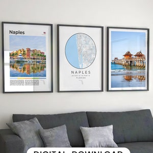 Digitale Napels print set van 3, kaart Napels, Napels Florida reisposter, Napels poster, Napels kunst aan de muur, Fl Naples Pier foto, Florida decor