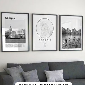 Lot de 3 impression numérique Géorgie noir et blanc, carte de l'État de Géorgie, affiche de la Géorgie, art mural Géorgie, Art de la Géorgie, photo déco Géorgie Etats-Unis