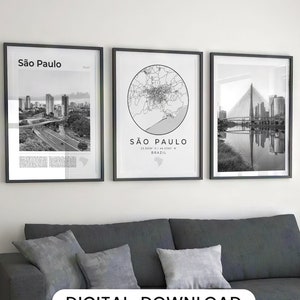 Digitales Sweho Paulo 3er Set Schwarz Weiß Poster, Brasilien Karte, Brasilien Wand Kunst, Brasilien Poster, Brasilien Fotografie