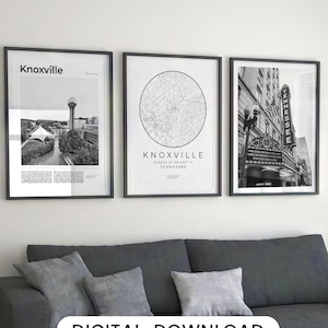 Digital Knoxville Black and White Prints Set Of 3, Knoxville Map Poster, Knoxville Wall Art, Knoxville Decor Photo, Tennessee Travel Gifts