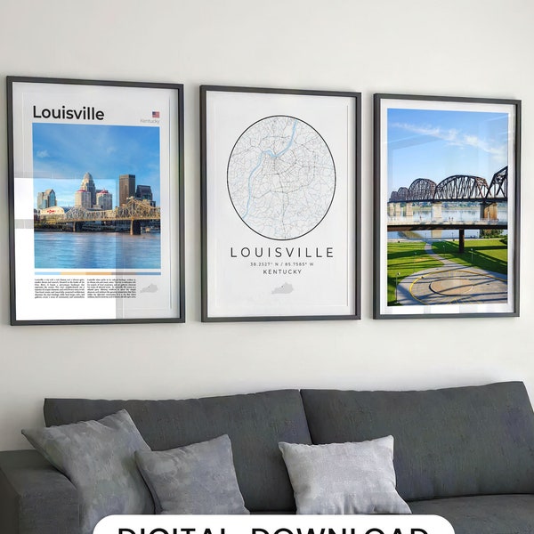 Digital Louisville Print Set Of 3, Louisville Map, Louisville Poster Wall Art, Louisville Art Decor Kentucky Gift, Kentucky Photo USA Travel