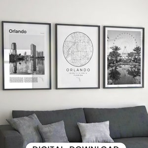 Digitale Orlando Florida zwart-wit print set van 3, Orlando kaart print, Orlando Wall Art Poster, Orlando Art Decor, FL Orlando City Photo