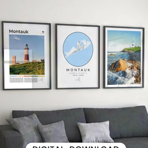 Juego de 3 impresiones digitales de Montauk, mapa artístico de Montauk, póster de Montauk, decoración de pared de Montauk, faro de Montauk, fotografía de viajes a Nueva York (EE. UU.)