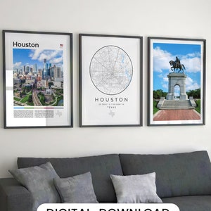 Digital Houston Print Set Of 3, Houston Map Art, Houston Wall Art, Houston Decor, Houston Poster, Houston Art Print, Houston Texas Photo Usa