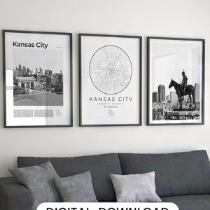 Digital Kansas City Black and White Print Set Of 3, Missouri Kansas City Mo Map, Kansas City Poster, Kansas City Wall Art, Kansas City Decor