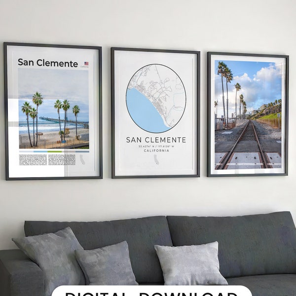 Digital San Clemente Print Set Of 3, San Clemente Map Art, San Clemente Poster Photo Gallery, San Clemente Beach Decor, California Wall Art