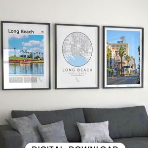 Long Beach Beach Poster, 3er-Set, Long Beach Karte, Long Beach Foto, Long Beach Poster, Long Beach Kalifornien Kunst Geschenk, Long Beach Wandkunst