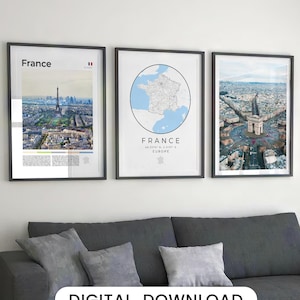 France Print Set Of 3, France Poster Download, France Art Decoration, France Travel Photos, France Map, France Wall Art Decor, France Gifts
