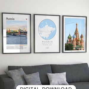 Russia Prints Set Of 3, Russia Map Print, Russia Wall Art Photos, Russia Decor Artwork, Russian Art Print, Russia Travel Poster, Russia Gift