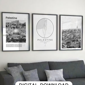 Palestine Print Set of 3, Palestine Wall Art Photo, Black and White Palestine Map Decor, Palestine Travel Poster Decorations, Palestine Gift
