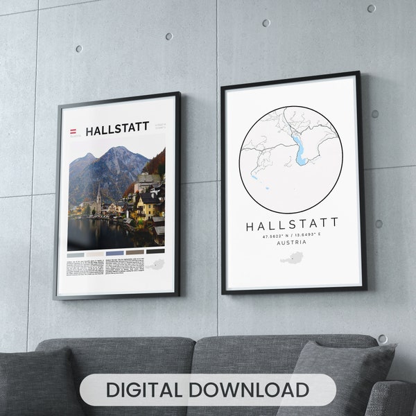 Digital Hallstatt Print Set Of 2 Wall Art, Austria Art Print, Kunstdruck Travel Poster, Alps Hallstatt Poster, Minimalist Lake Memory Print