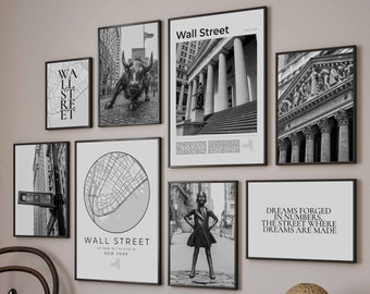 Digital Wall Street Print Set Of 8, Black And White Wall Street Map Decor, Wall Street Wall Art, Wall Street Gift, New York Travel Poster