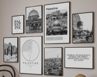 Palestine Print Set of 8, Palestine Wall Art Photo, Black and White Palestine Map Decor, Palestine Travel Poster Decorations, Palestine Gift