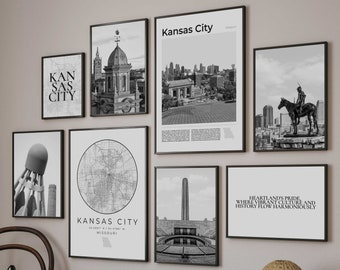 Kansas City Print Set Of 8, Black and White Kansas City MO Map, Missouri Kansas City Poster, Kansas City Wall Art Decor, Kansas City Gifts