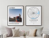 London Print Set Of 2, England City Map, Big Ben Clock, London Bus On London Bridge, Westminster Chime Clock, Uk Map, United Kingdom Map