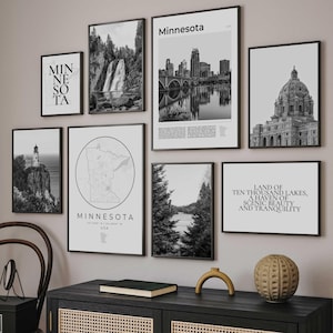 Minnesota State Print Set of 8, Black and White Minnesota Map Decor, MN Minnesota Travel Poster, Minnesota Wall Art Photos, Minnesota Gifts
