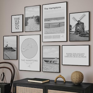 The Hamptons Print Set Of 8, Black and White Hamptons Map Decor, Sag Harbor Photo, Montauk Travel Poster, Southampton Wall Art New York Gift