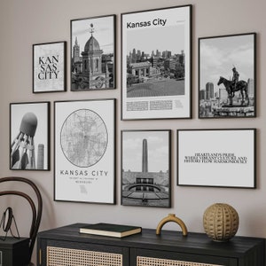 Kansas City Print Set Of 8, Black and White Kansas City MO Map, Missouri Kansas City Poster, Kansas City Wall Art Decor, Kansas City Gifts