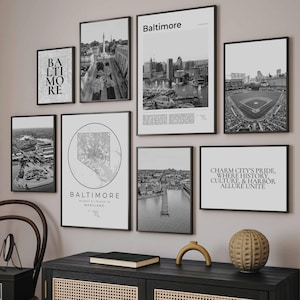Baltimore Black And White Print Set Of 8, Baltimore Travel Poster, Baltimore Maryland Gifts, Baltimore Map Decor, Baltimore Wall Art Photos