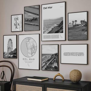 Del Mar Print Set Of 8, Black and White Del Mar Map Decor, Del Mar Wall Art Photos, Del Mar Beach San Diego Travel Poster, California Gifts