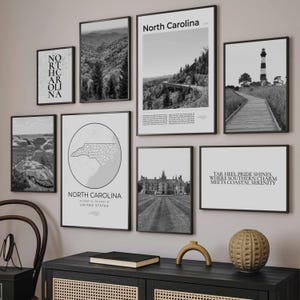 North Carolina Print Set Of 8, Black and White North Carolina State Map Wall Art Photos, North Carolina Travel Poster, North Carolina Gifts