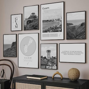 Digital Guam Print Set Of 8, Black and White Guam Art Print, Guam Map, Guam Gifts, Guam Travel Poster, Guam Wall Art Photos, Guam Home Decor
