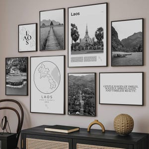 Digital Laos Print Set Of 8, Black and White Laos Map Artwork, Laos Art Decor, Laos Wall Art Photos, Laos Gifts, Luang Prabang Travel Poster