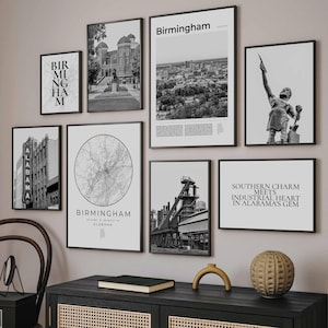 Birmingham Alabama Print Set Of 8, Black and White Alabama Map Decor, Birmingham Wall Art Photos, Birmingham Gifts, Birmingham Travel Poster