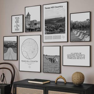 Texas Hill Country Black and White Print Set Of 8, Texas Hill Map Decor, Longhorn Wall Art, Fredericksburg Poster, Enchanted Rock Photo Gift