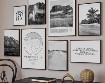 May include: A set of black and white prints featuring images of Venezuela. The prints include a map of Venezuela, a waterfall, a mountain range, a beach, and a text-based print that reads "Land of Grace, Where Golden Shores Embrace Vibrant Culture".