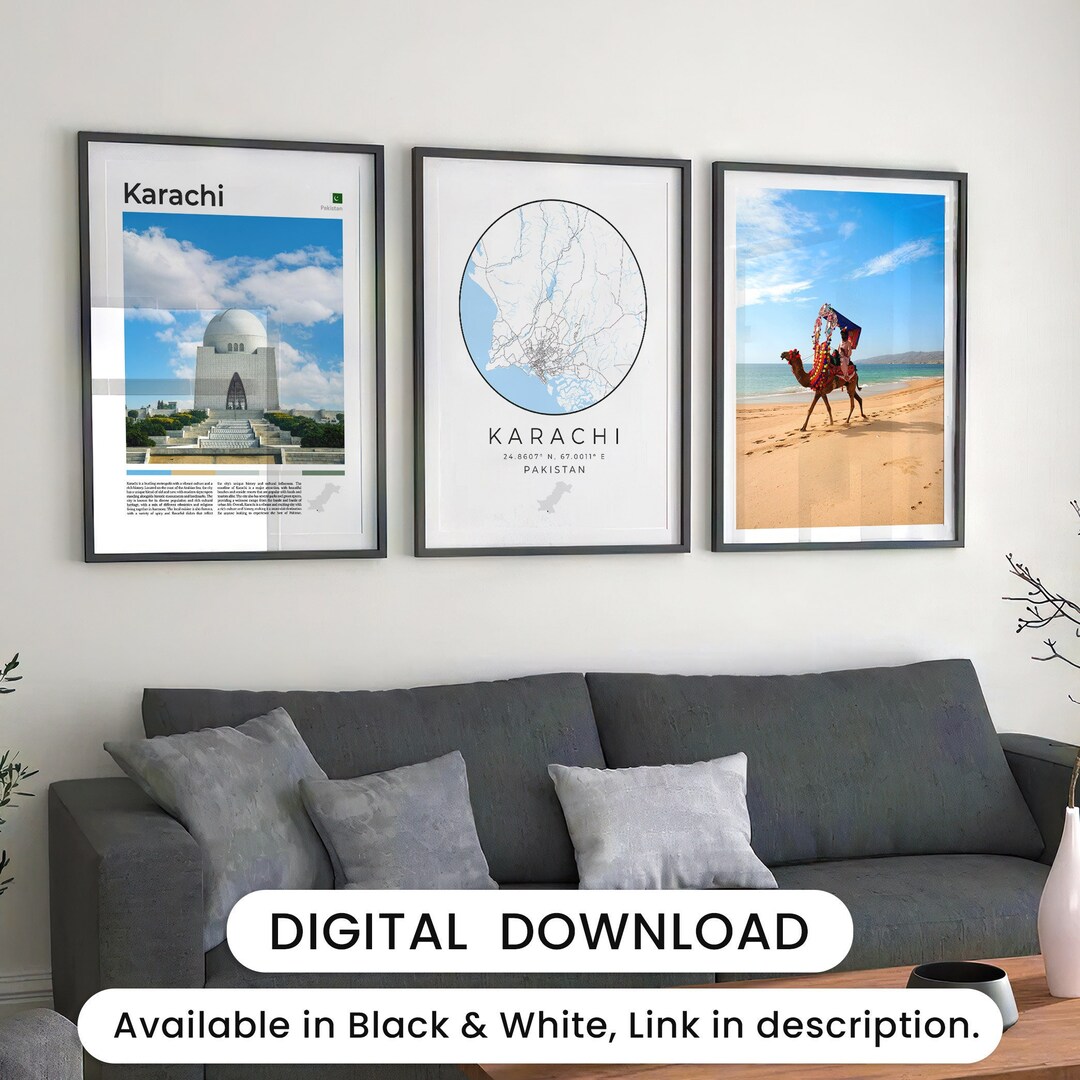 Digital Karachi Print Set of 3, Karachi Map Art, Karachi Wall Art, Karachi Poster, Karachi Art