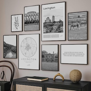 Lexington Kentucky Black and White Prints Set Of 8, Lexington Wall Art Decor, Lexington Map Photo, Lexington KY Travel Poster Lexington Gift