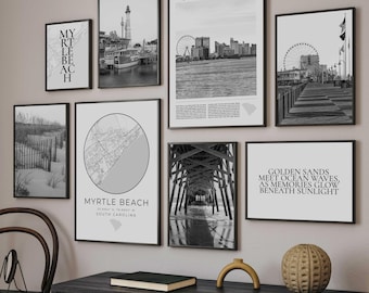 Digital Myrtle Beach Print Set of 8, Black and White Myrtle Beach Map Decor, Myrtle Beach Wall Art Photos, South Carolina Travel Poster Gift