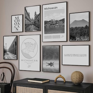 Michoacan Print Set Of 8, Black and White Michoacan Decor Map, Michoacan Wall Art Photo, Morelia Mexico Gift Michoacan Digital Travel Poster