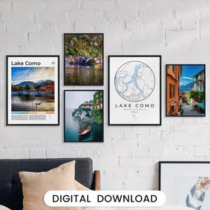 Digitale Comomeer print set van 5, Comomeer kaart kunst, Comomeer poster kunst aan de muur, Comomeer fotogalerij, Comomeer, Italiëmeer, stad Europa