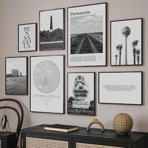 Pensacola Print Set Of 8, Black And White Pensacola Pensacola FL Travel Poster, Pensacola Beach Wall Art, Pensacola Gifts, Florida Map Decor