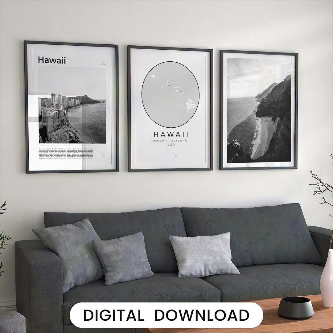 Hawaii Black and White Photography Print Set: Map & Island Decor ...