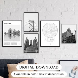 Digital Detroit Black and White Prints Set Of 5, Detroit Map Art, Detroit Poster, Detroit Wall Art Photography Decor Michigan Travel Photo